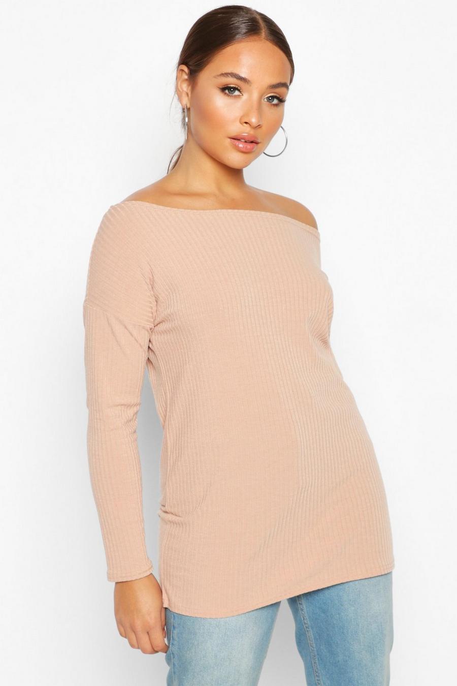 Stone Off The Shoulder Oversized Rib Knitted Jumper image number 1