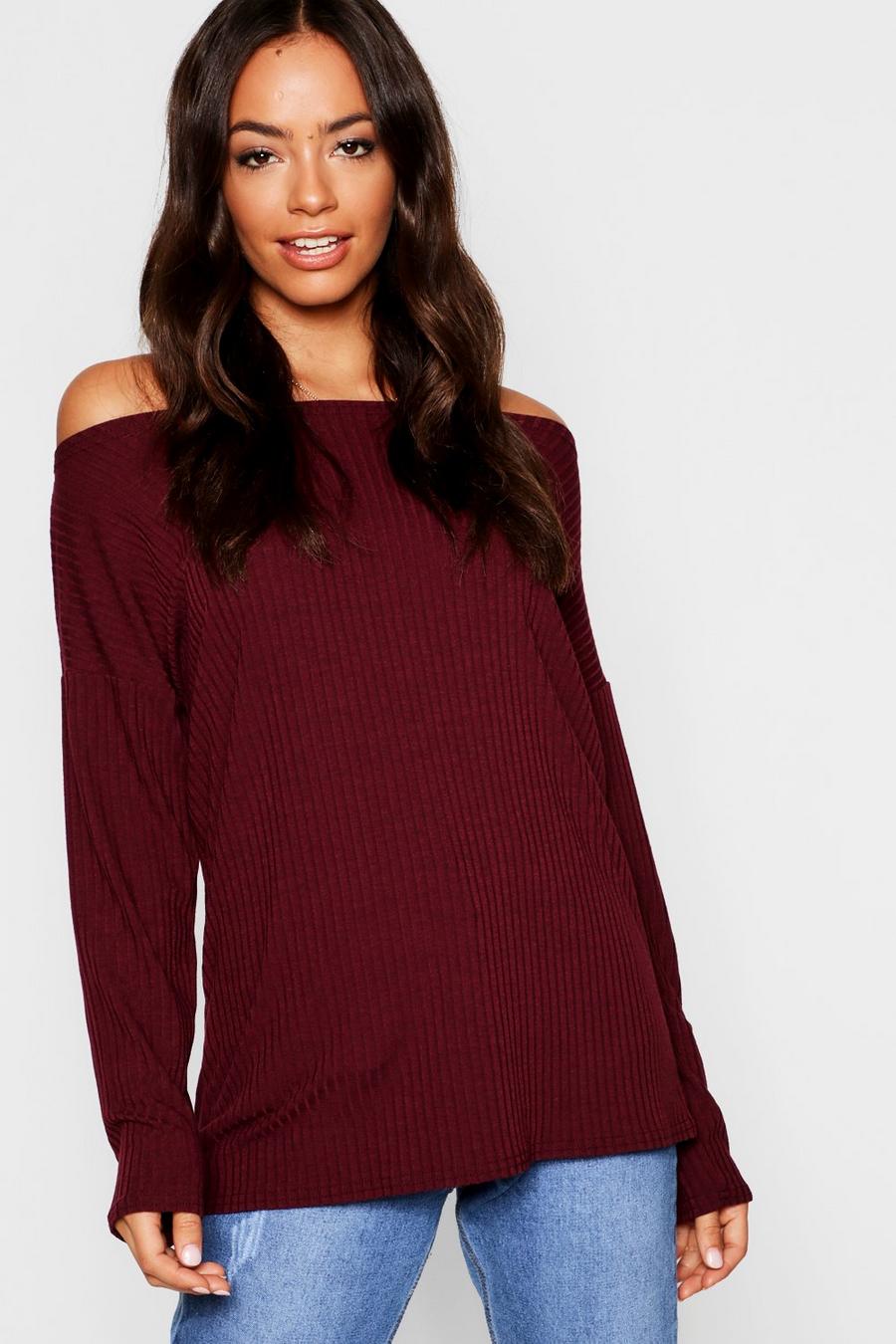 Wine Off The Shoulder Oversized Rib Knitted Sweater image number 1