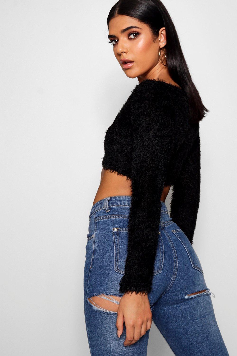 black fluffy cropped cardigan