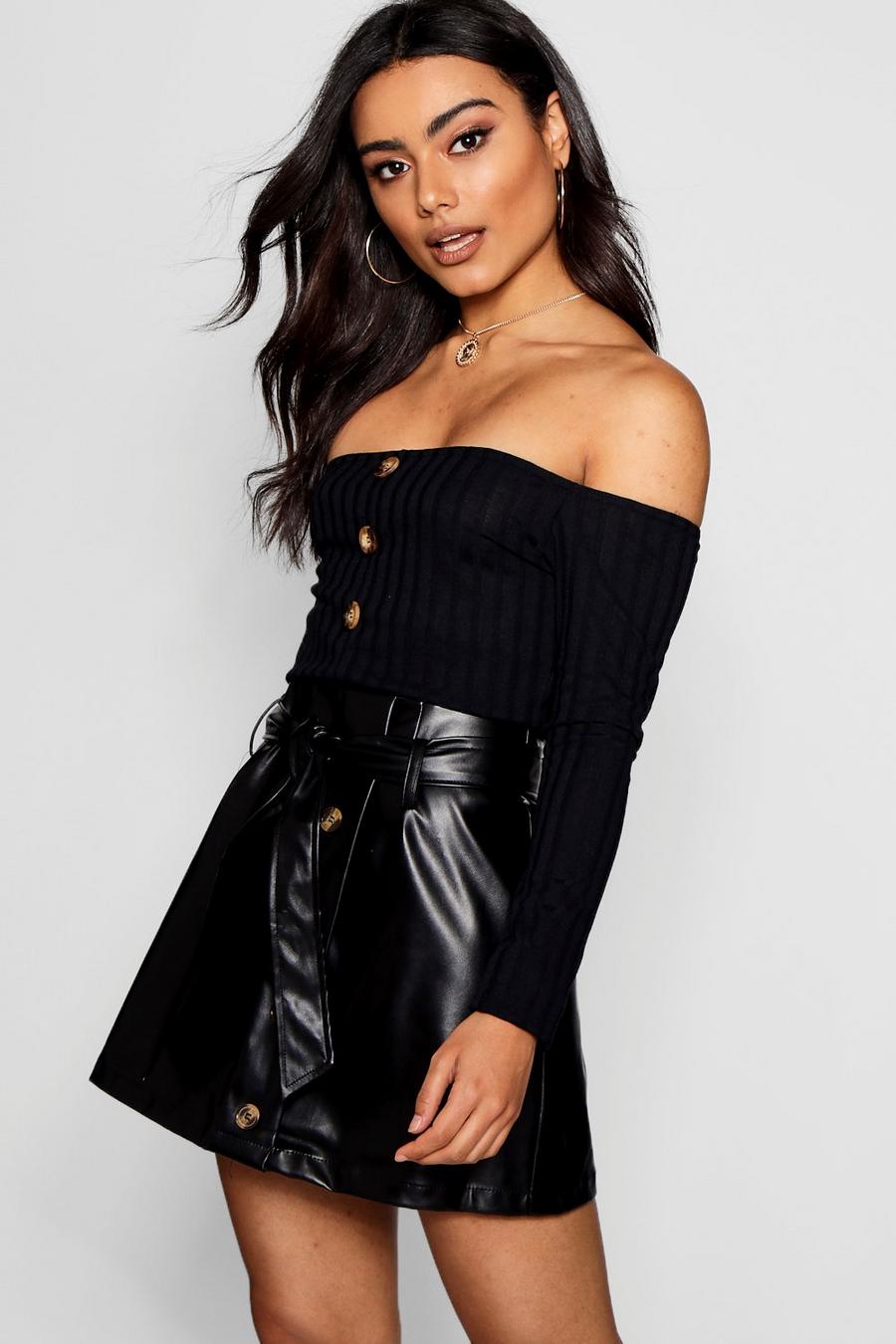 Off The Shoulder Rib Knit Button Front Crop Top image number 1