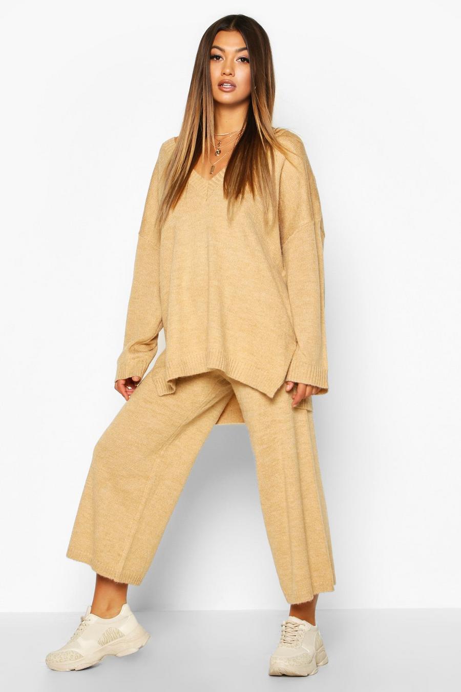Camel Oversized Slouchy Knitted Deep V Neck Two-Piece Set image number 1