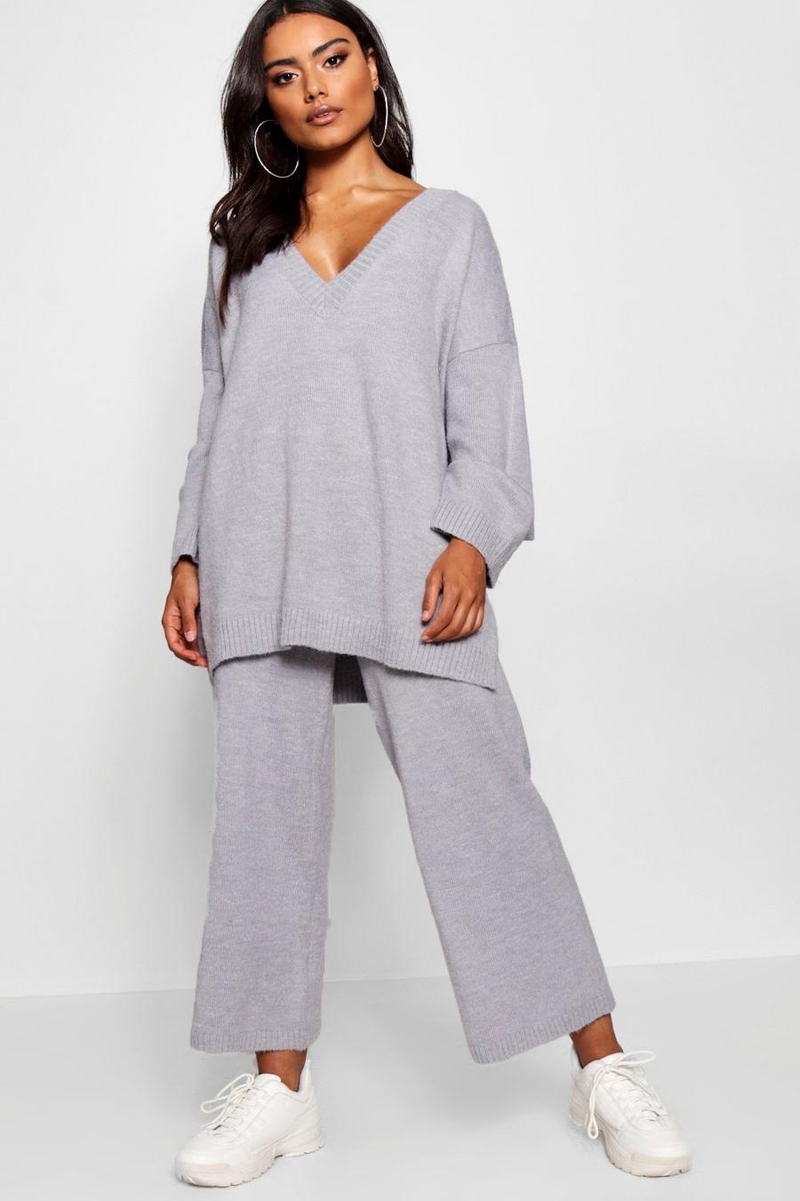 Dusty blue Oversized Slouchy Knitted Deep V Neck Co-ord Set image number 1