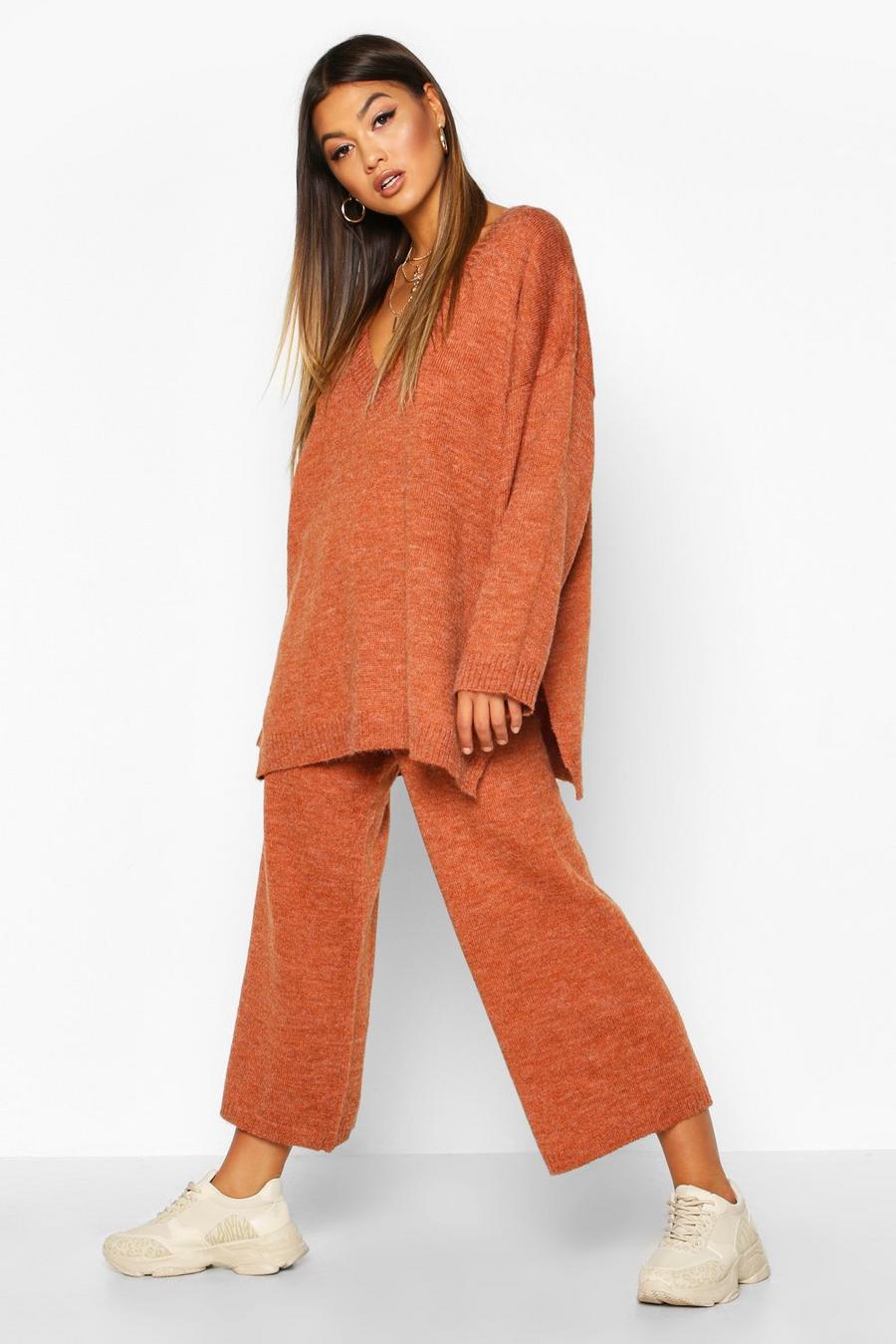 Tobacco Oversized Slouchy Knitted Deep V Neck Co-ord Set image number 1