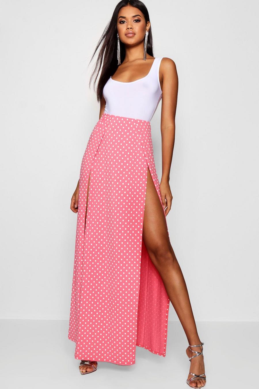 Coral Polka Dot Print Thigh Split Maxi Skirt image number 1