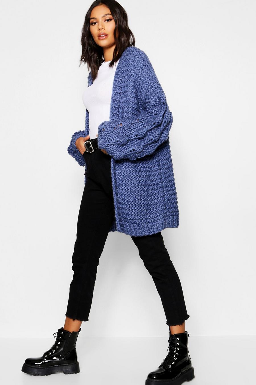 Dusty blue Premium Hand Knitted Chunky Cable Knit Cardigan image number 1