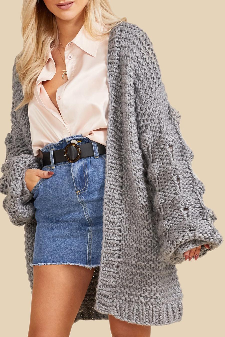 Grey Premium Hand Knitted Chunky Cable Knit Cardigan image number 1