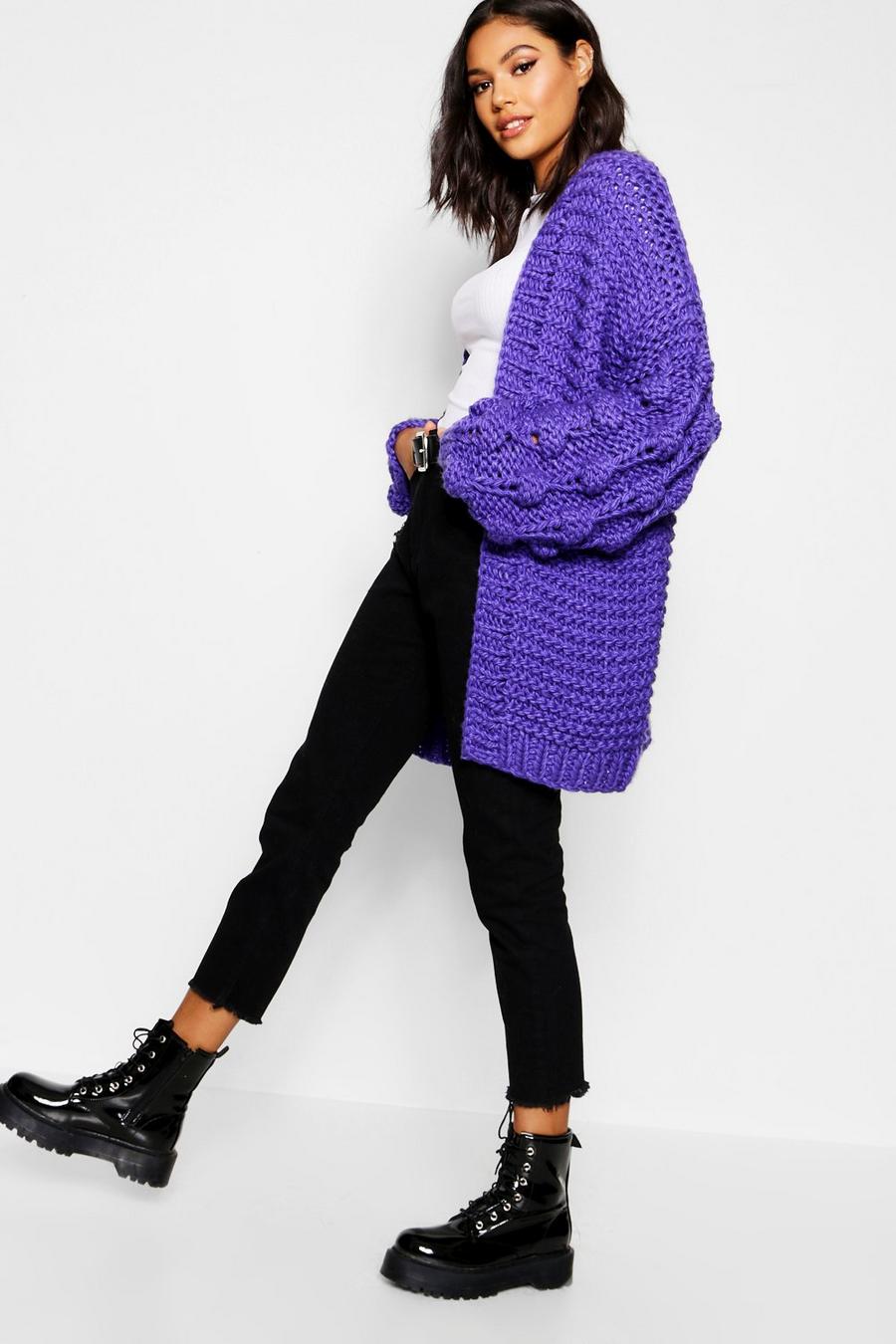 Purple Premium Hand Knitted Chunky Cable Knit Cardigan image number 1