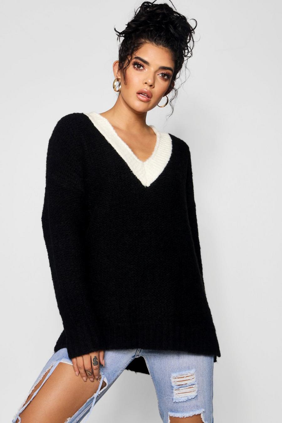 Übergroßer, grober Premium Pullover mit tiefem V-Ausschnitt image number 1