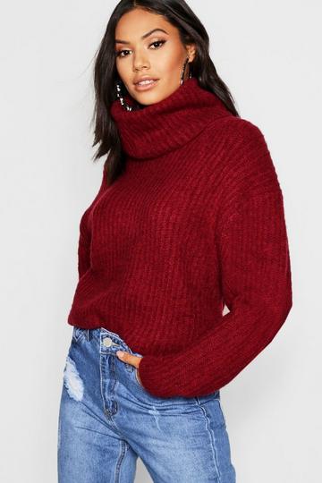 Oversized Roll Neck Rib Knitted Jumper berry