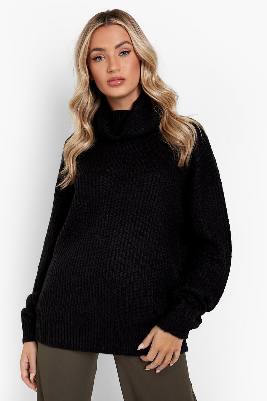 Black Oversized Roll Neck Rib Knitted Jumper image number 1