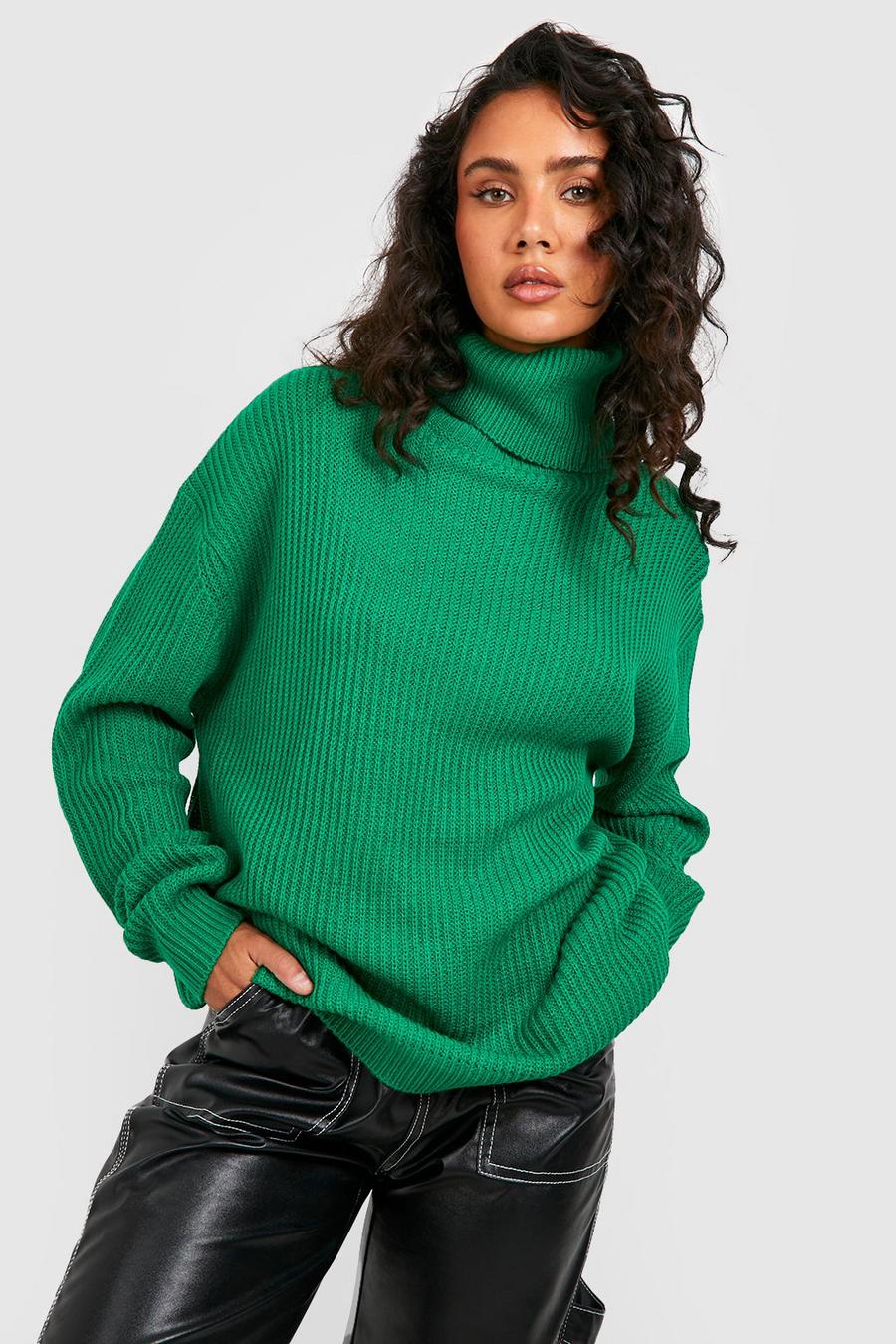 Green Oversized Turtleneck Rib Knitted Sweater image number 1