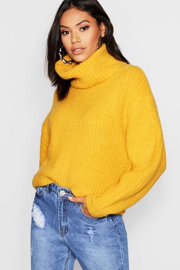 Mustard Yellow Oversized Turtleneck Rib Knitted Sweater