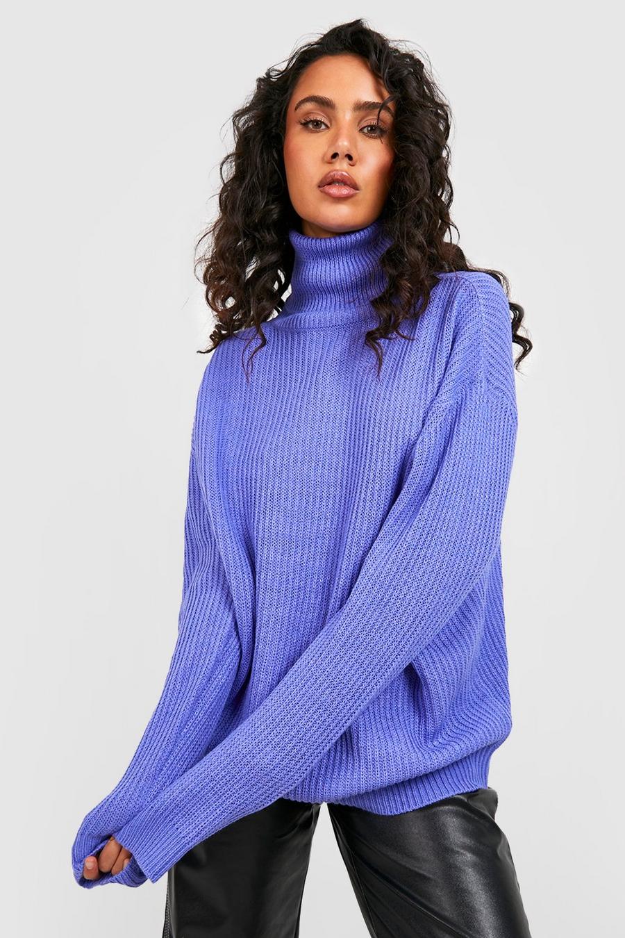 Purple Oversized Roll Neck Rib Knitted Jumper image number 1