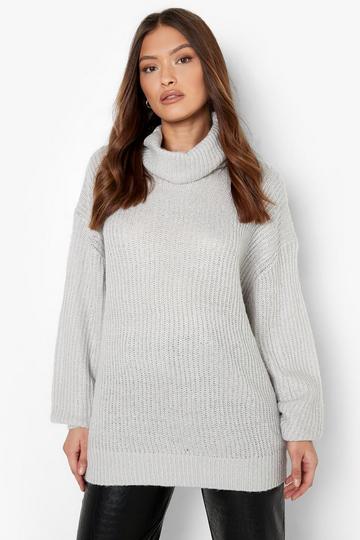 Grey Oversized Roll Neck Rib Knitted Jumper