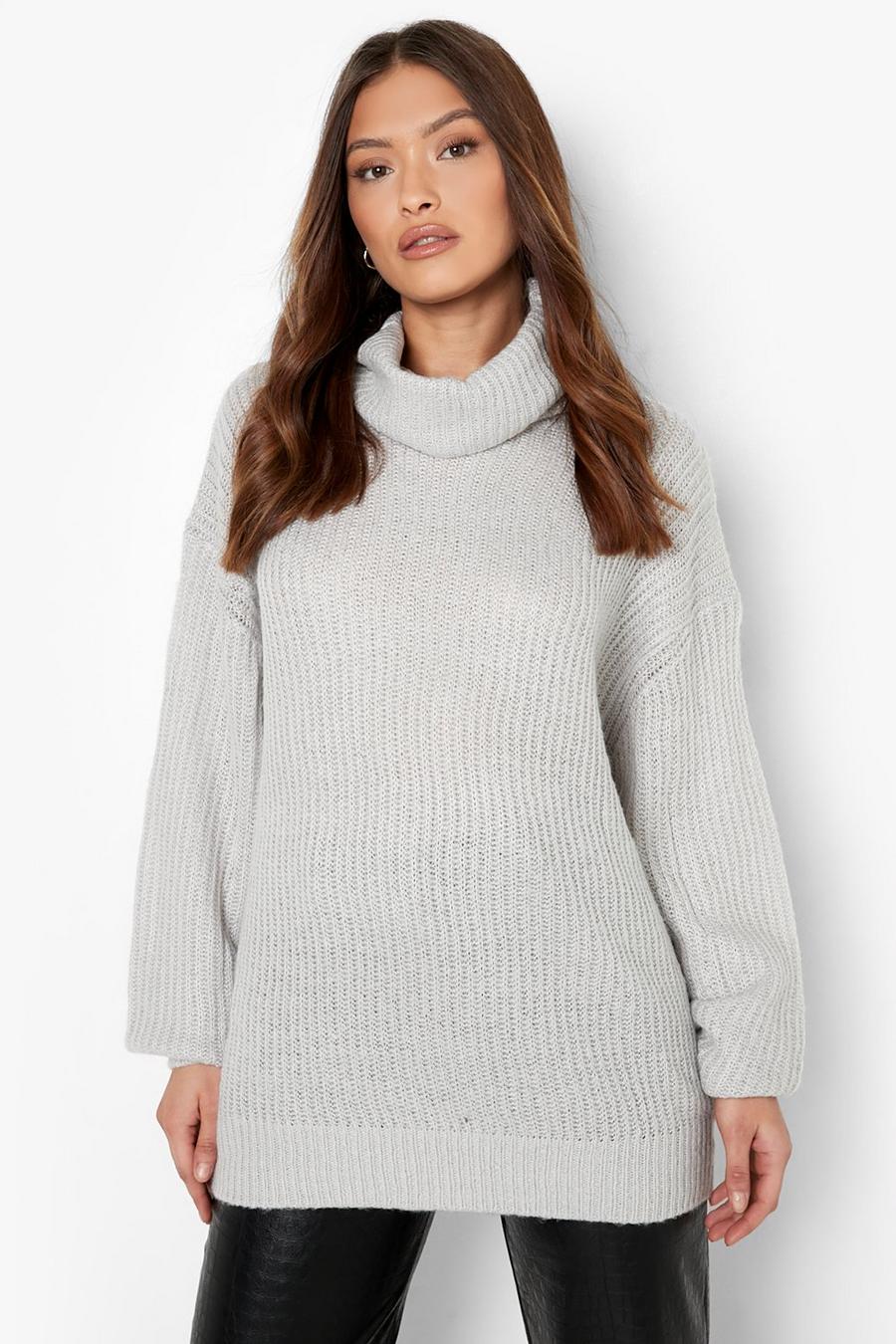 Silver grey Oversized Roll Neck Rib Knitted Jumper