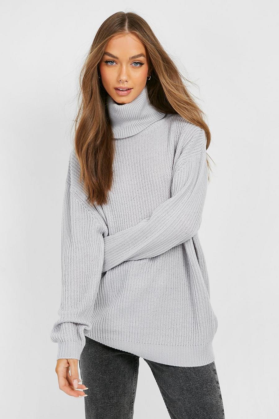 Silver Oversized Roll Neck Rib Knitted Jumper image number 1