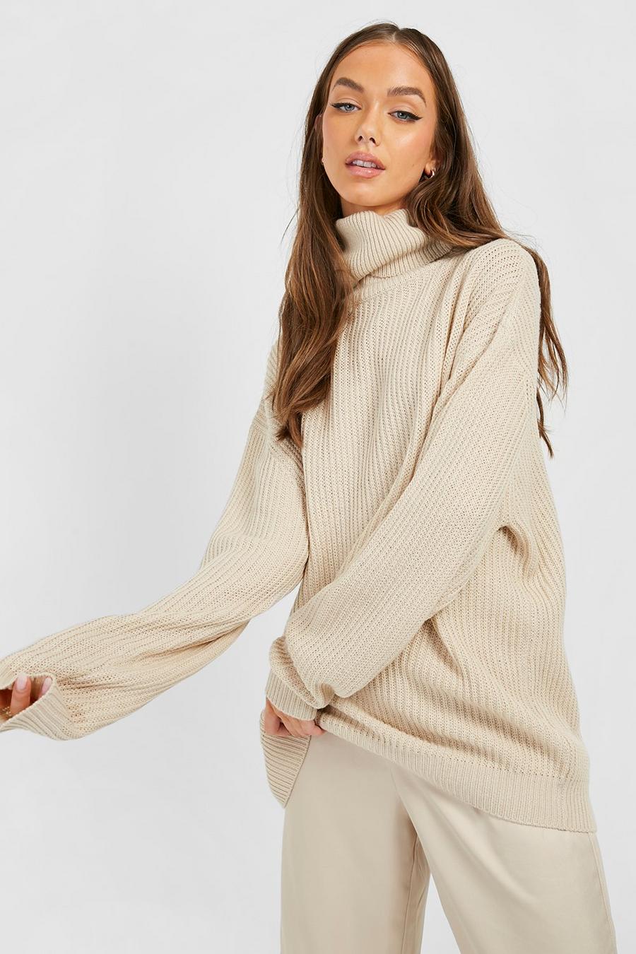 Stone beige Oversized Turtleneck Rib Knitted Sweater