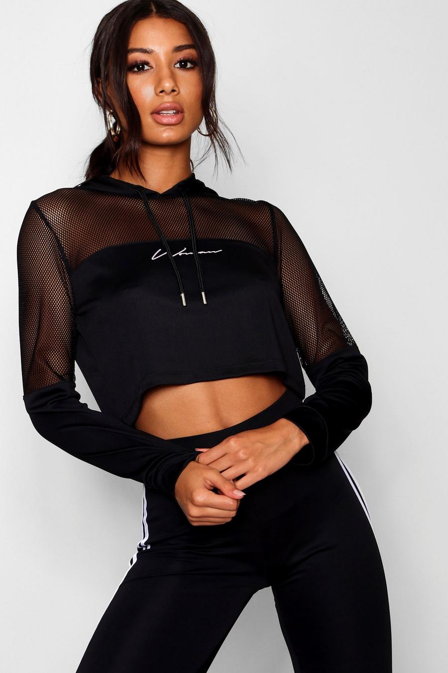 Black "Woman" kort hoodie med meshpanel image number 1