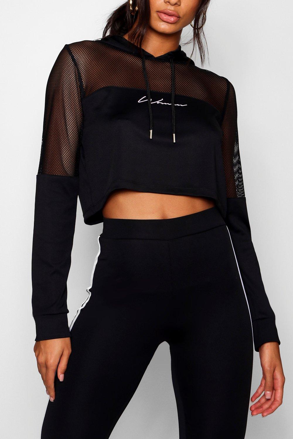 Fit Woman Mesh Panel Crop Hoodie