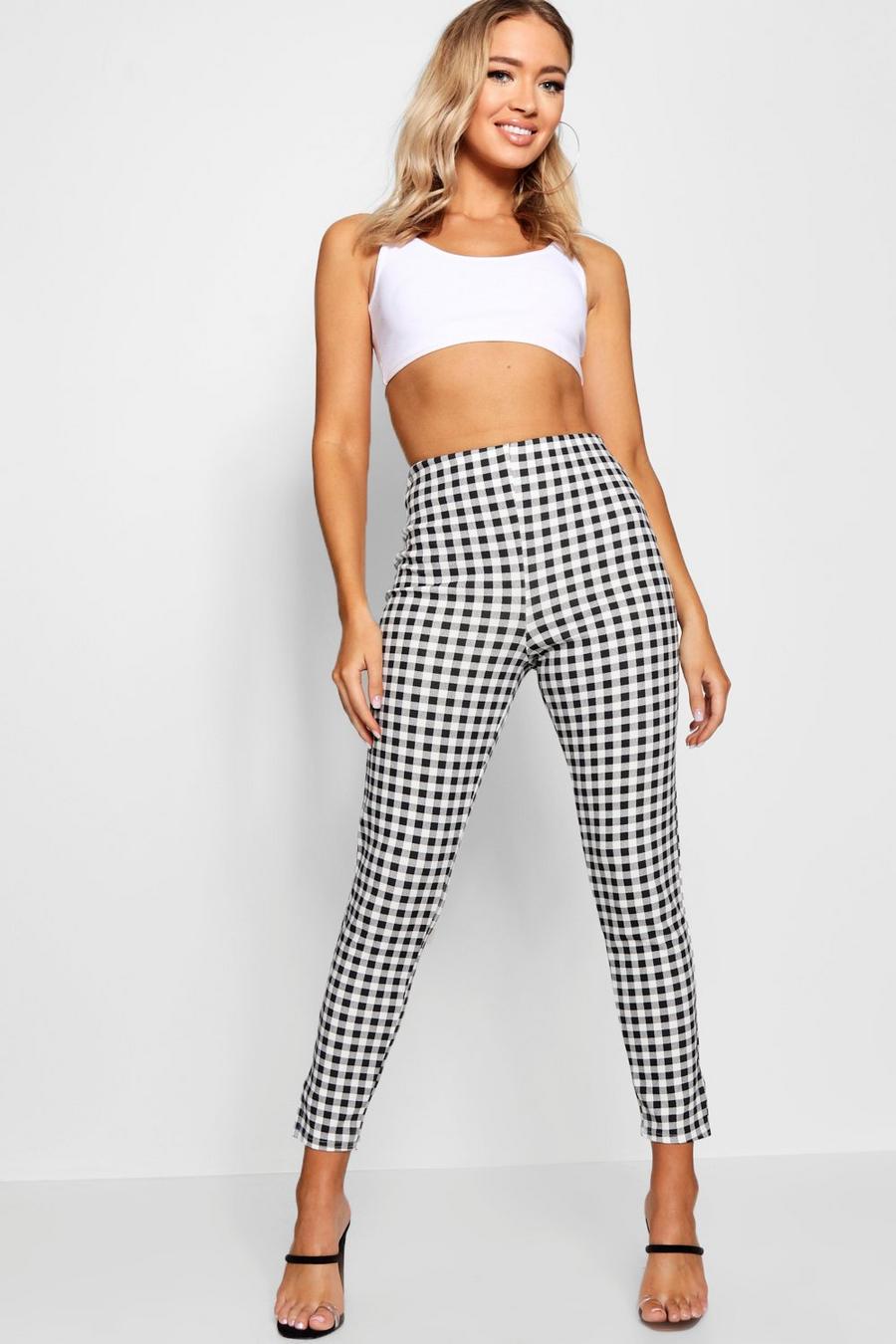 Pantaloni skinny in crepe a quadretti gingham con spacco al fondo, Nero image number 1