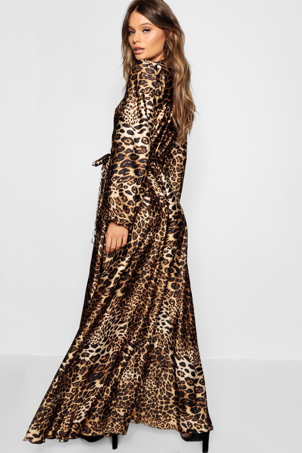 Leopard Print Satin Maxi Dress