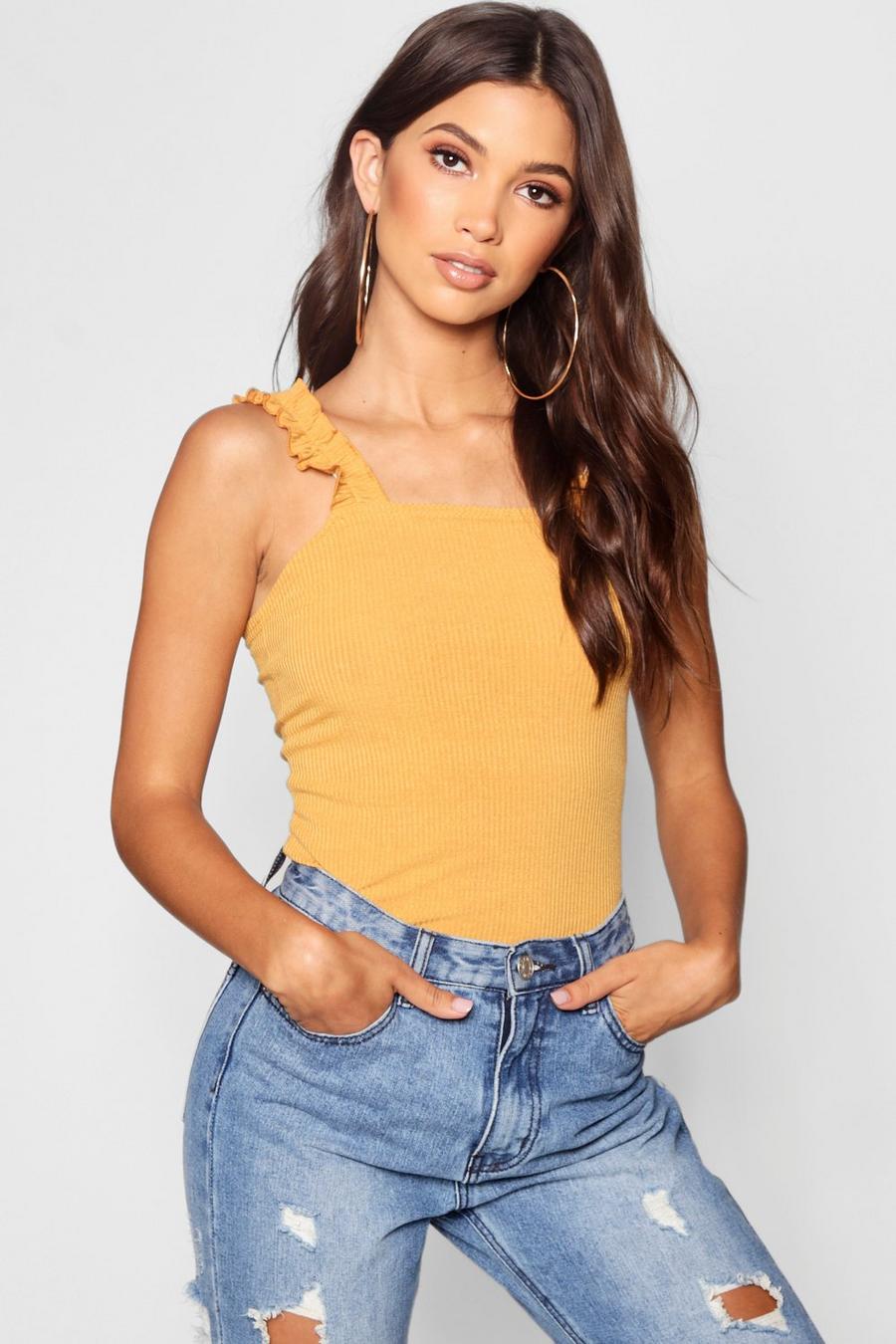 Mustard Ruffle Strap Square Neck Tank Top image number 1