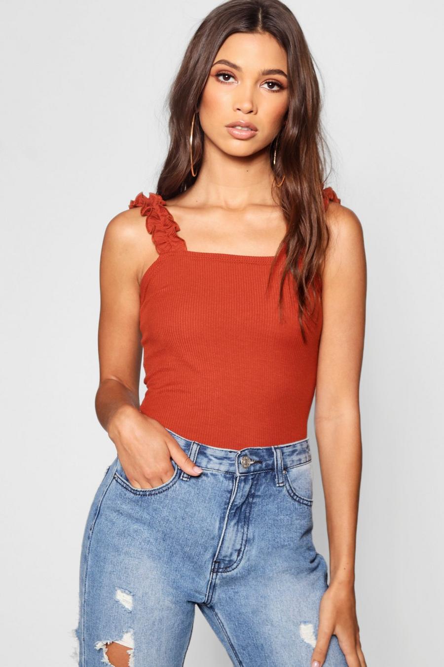 Rust Ruffle Strap Square Neck Tank Top image number 1