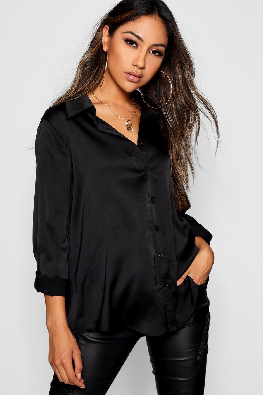 Black Satin Oversized Long Sleeve Shirt