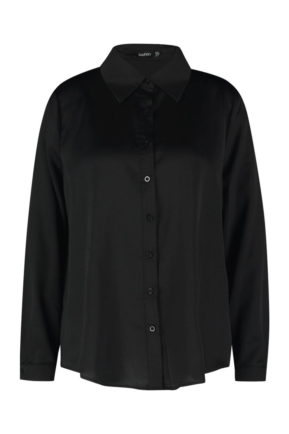 Black Satin Oversized Down Long Sleeve Night Shirt