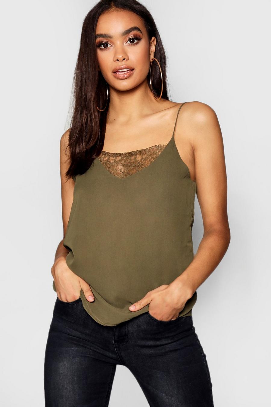 Khaki Lace Insert Woven Cami Top image number 1