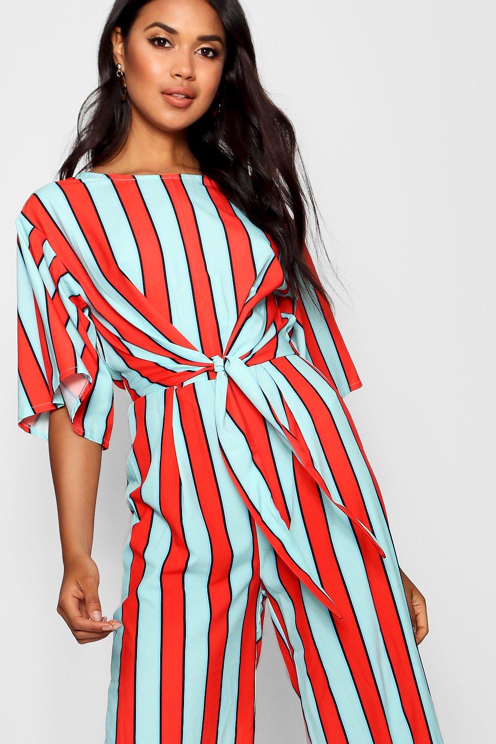 Tie front cheap striped jumpsuit