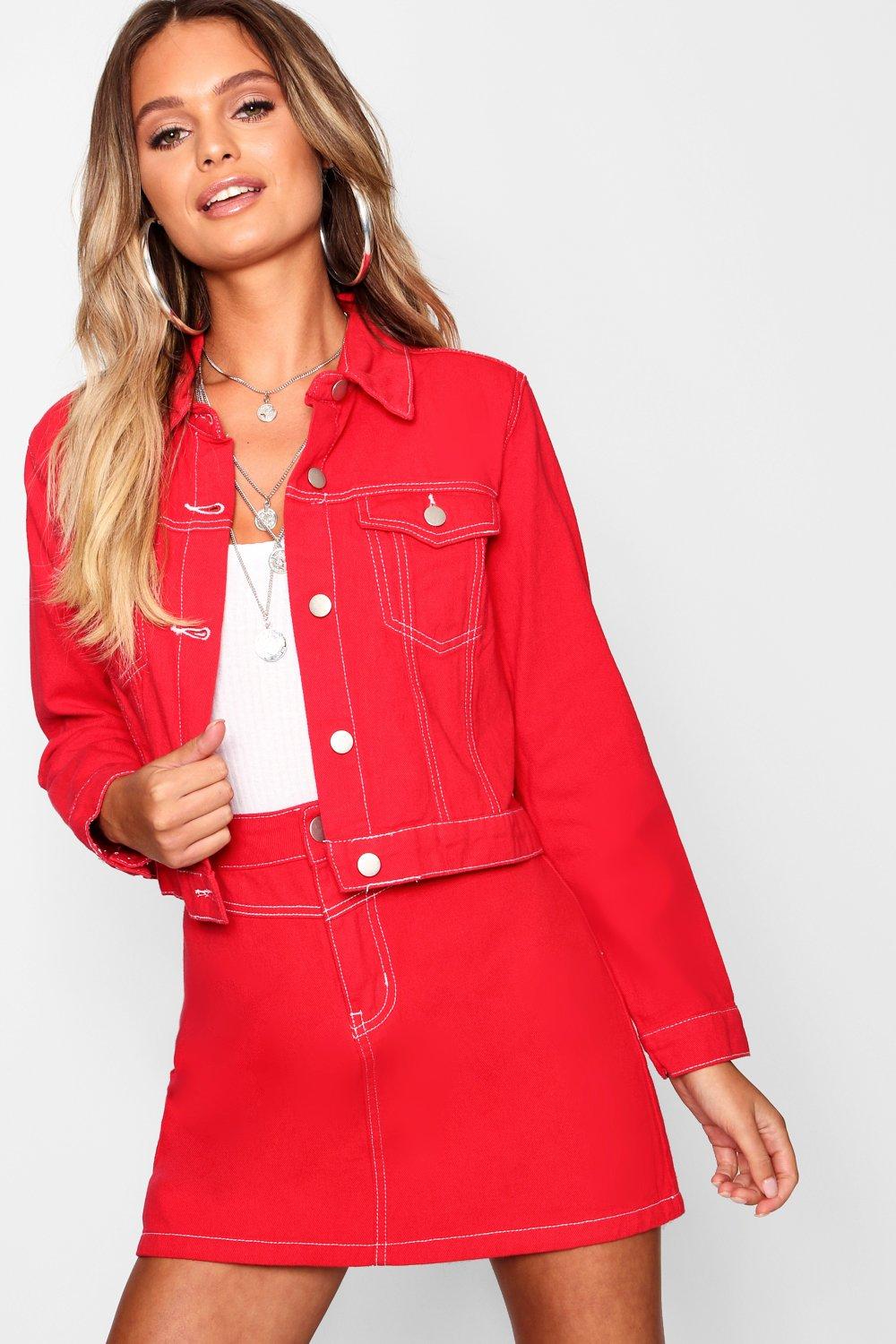 red cropped denim jacket