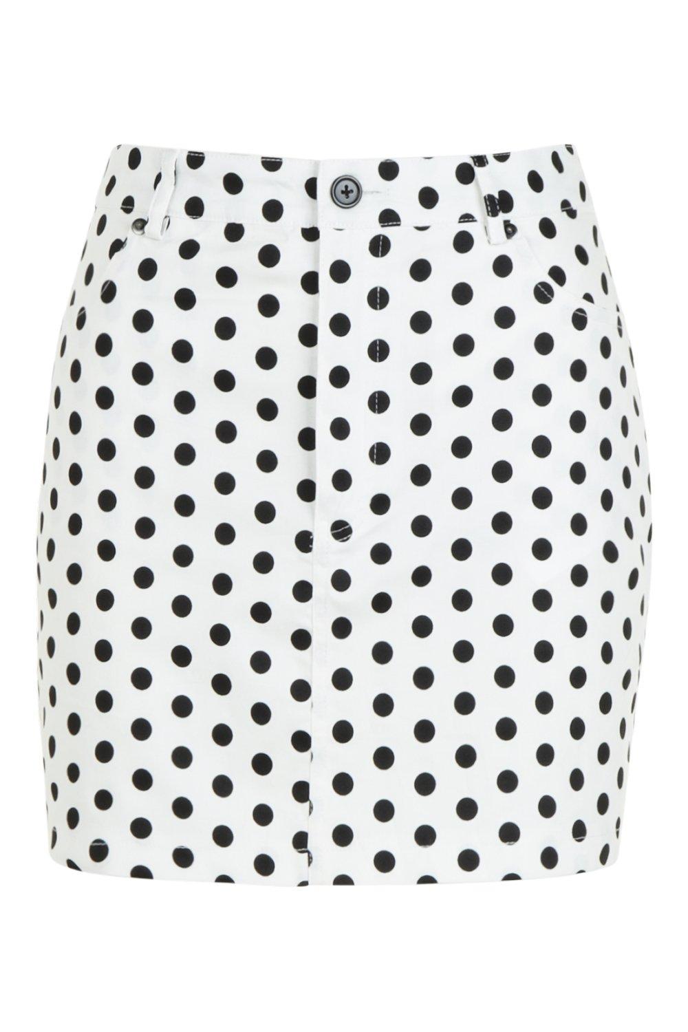 white polka dot denim skirt