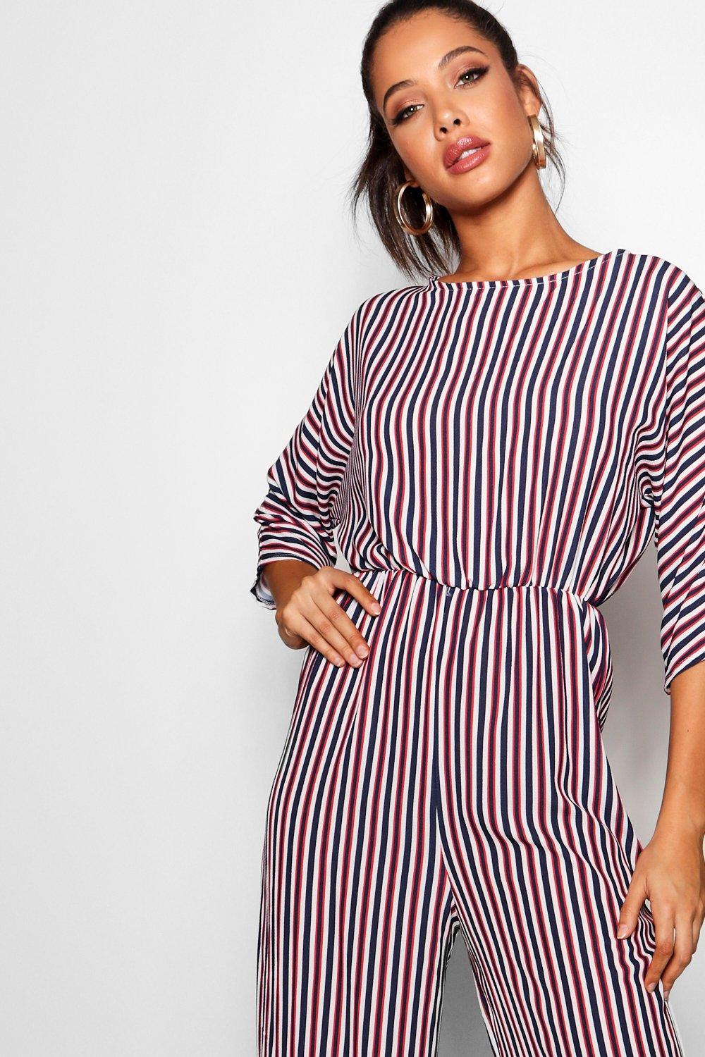 Striped belted jumpsuit shop