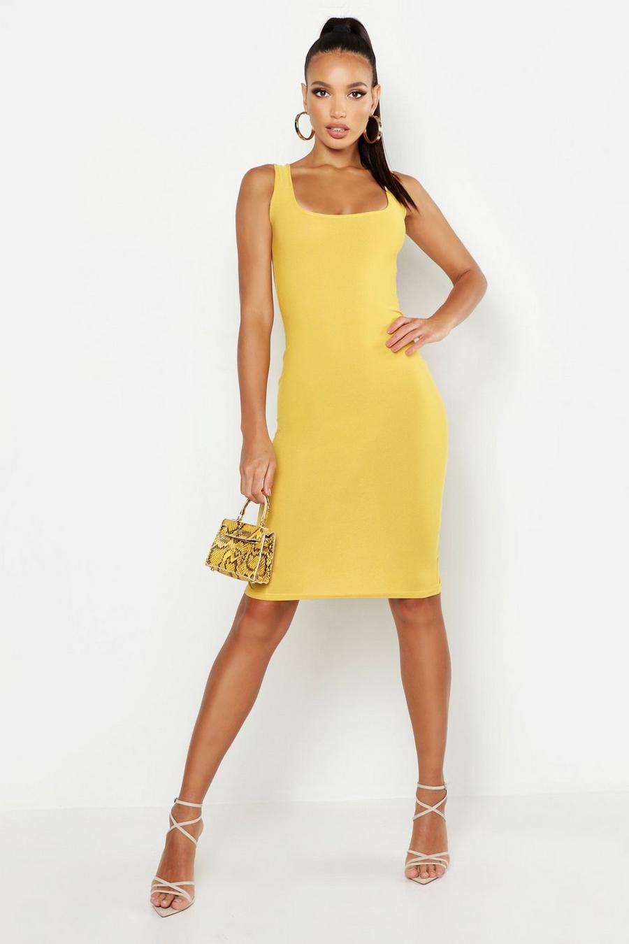 Mustard Midiklänning med fyrkantig skärning image number 1