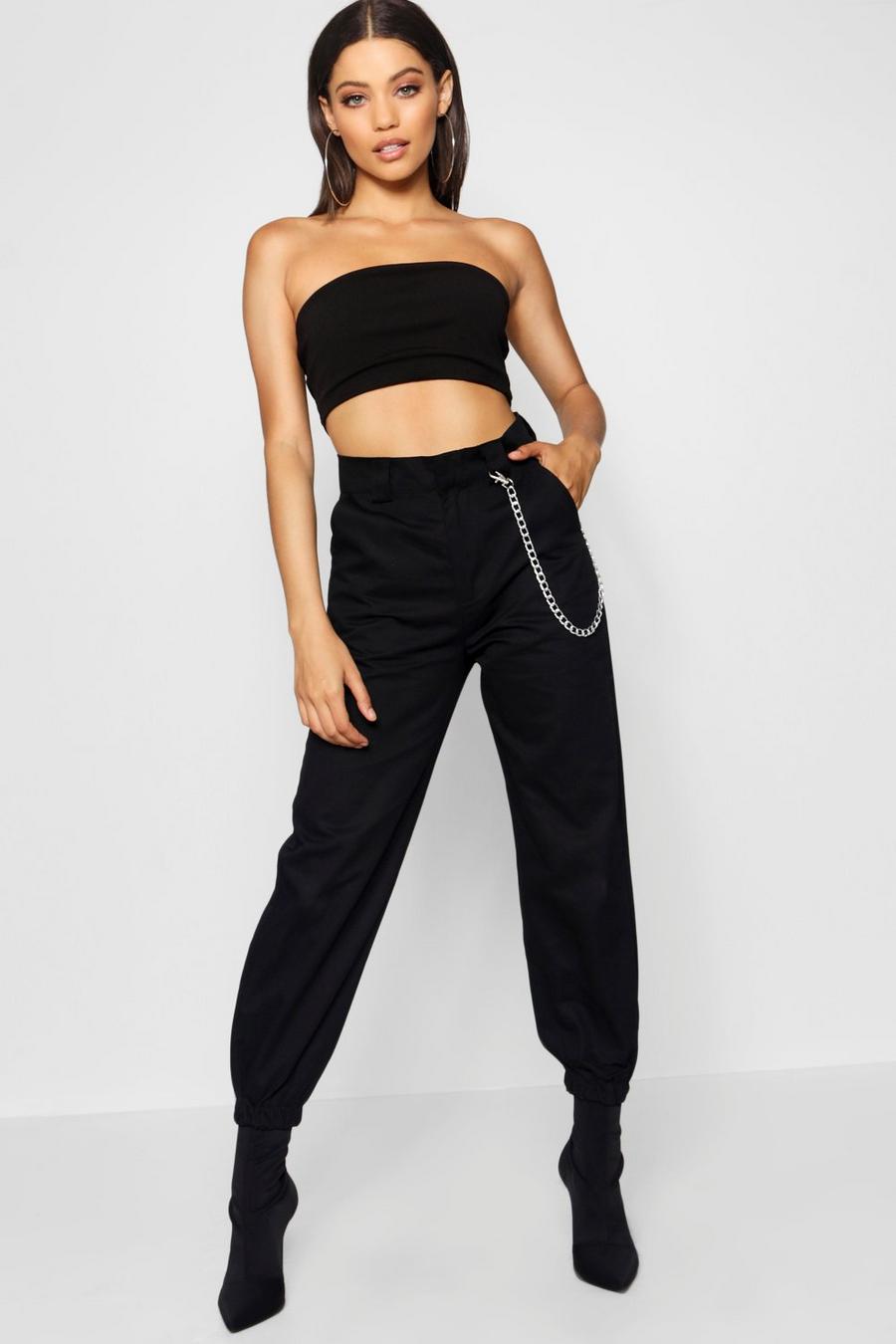 Black Chain Trim Cargo Trousers image number 1