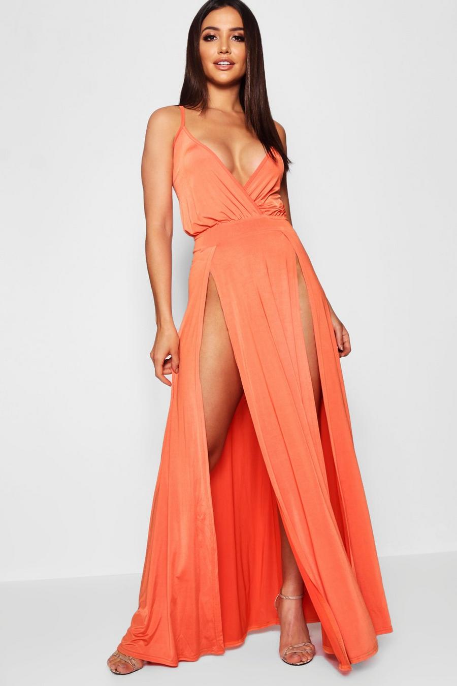 Orange Maxiklänning med omlottliv och slitsad kjol image number 1