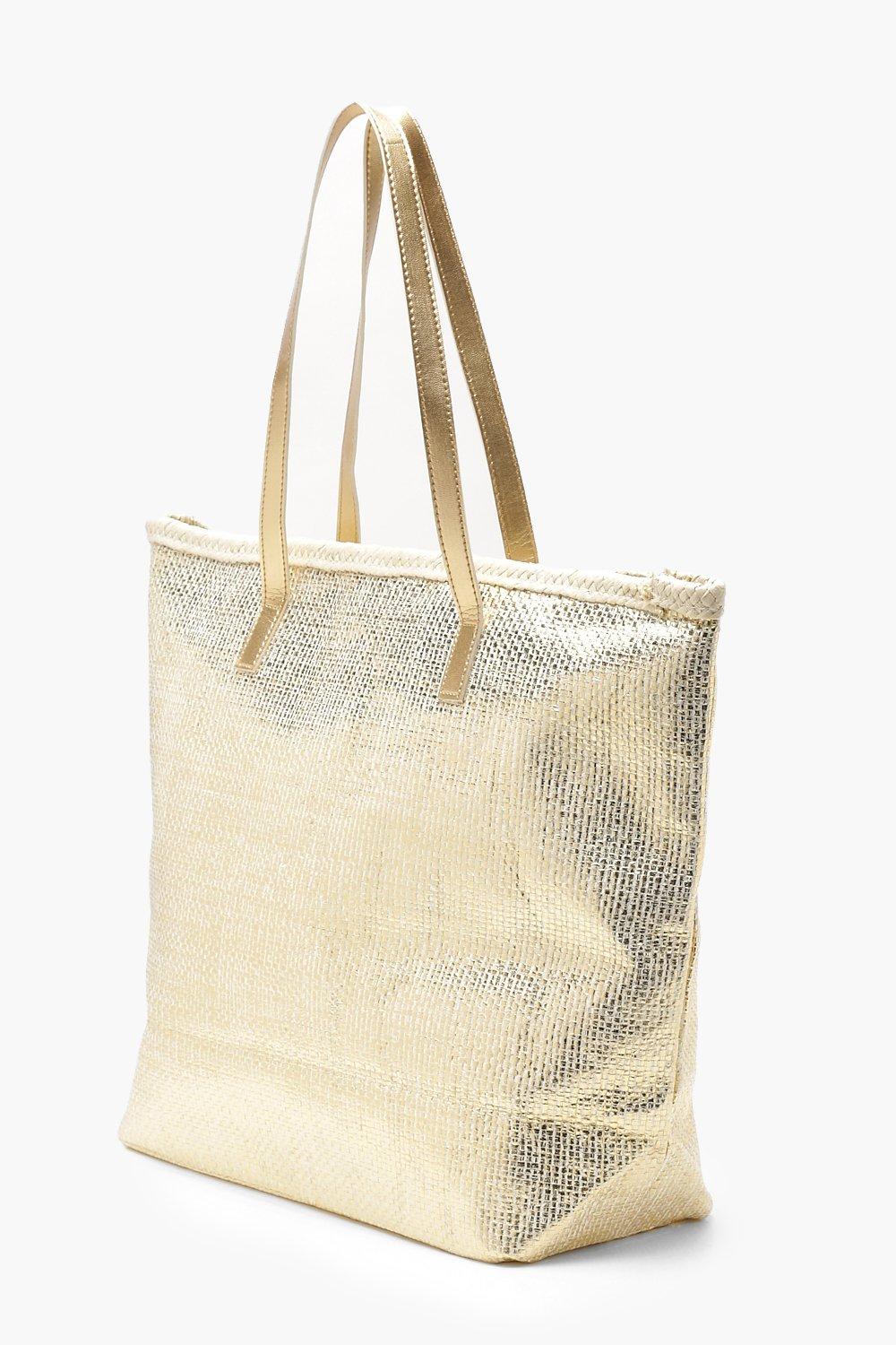 white and gold beach bag