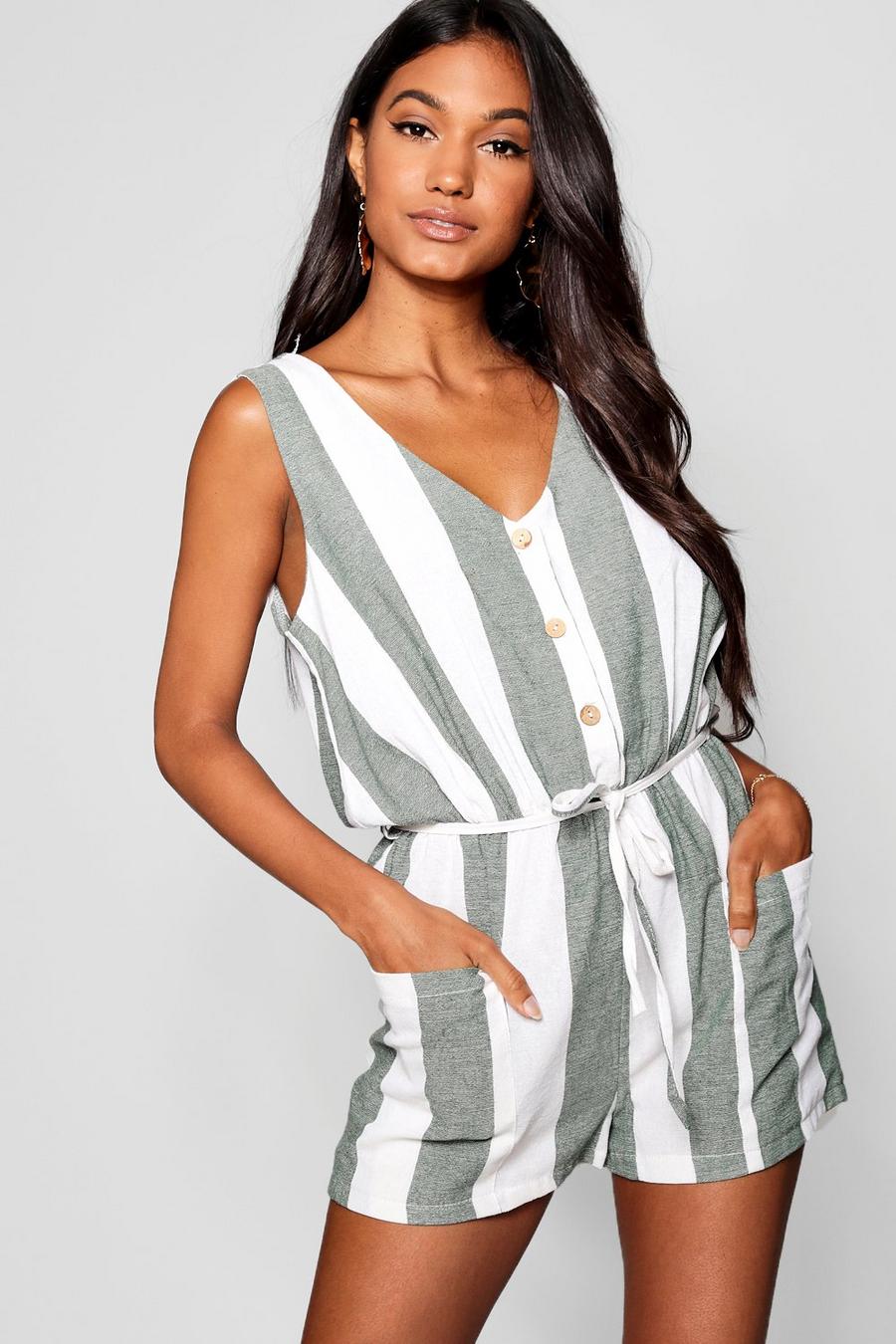 Boohoo Tall Stripe Button Up Romper in Stone Womens Clothing Jumpsuits and rompers Playsuits Natural 