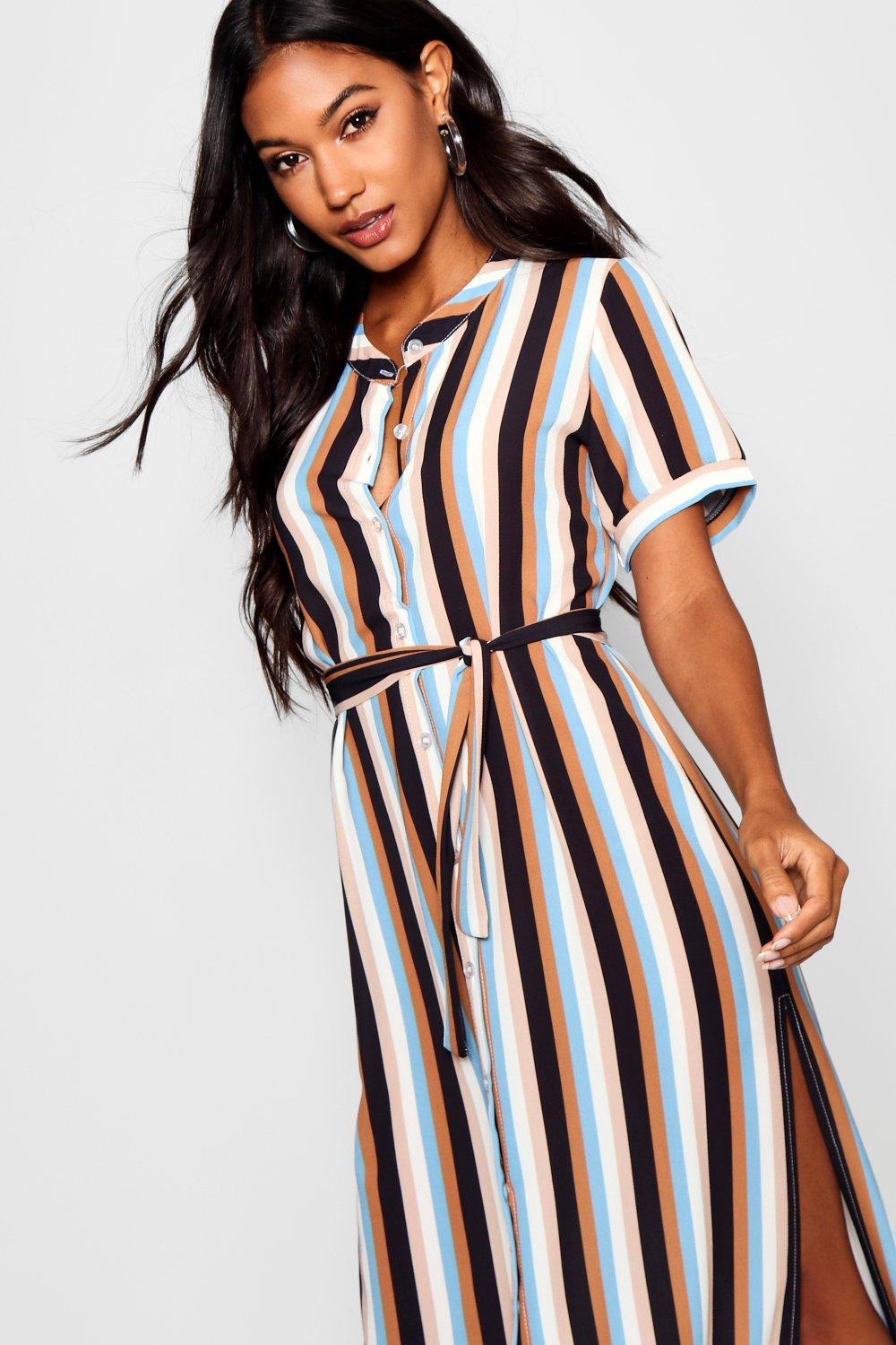 Collarless Striped Double Split Maxi Shirt Dress