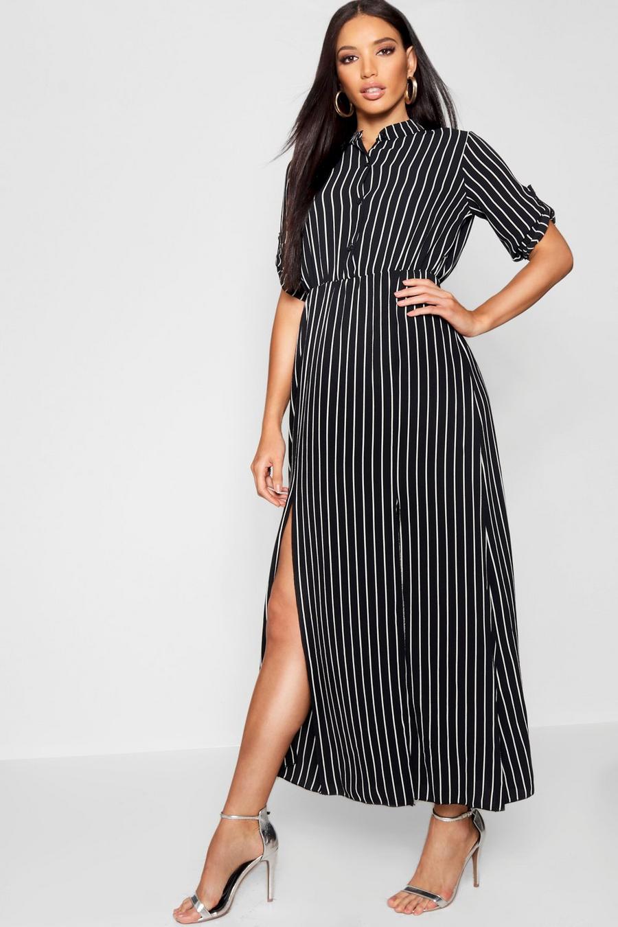 Collarless Woven Stripe Maxi Shirt Dress image number 1