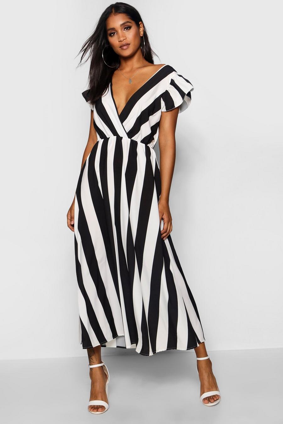 Ruffle Sleeve Plunge Front Stripe Maxi Dress image number 1