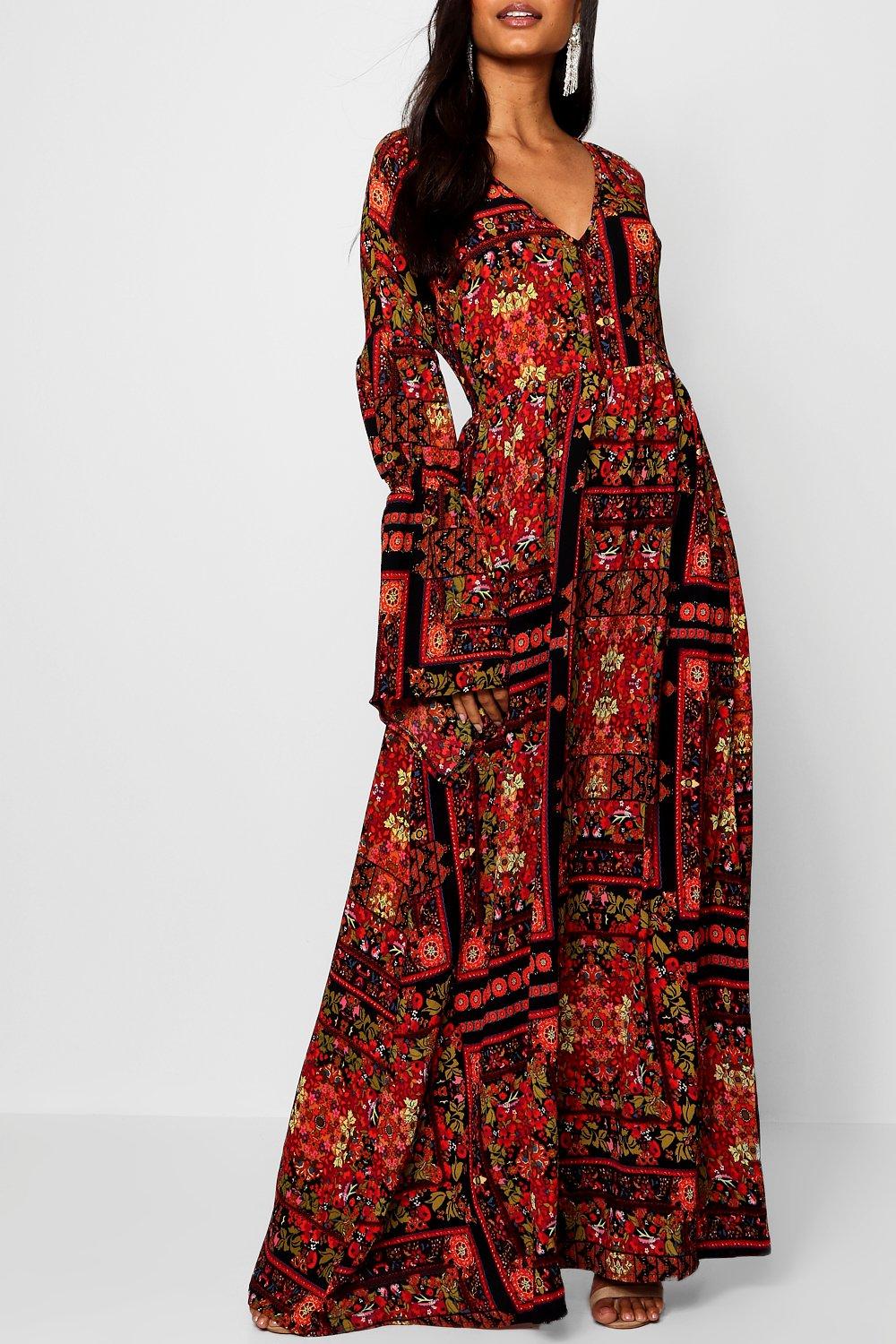 Bohemian Print Flared Sleeve Maxi Dress