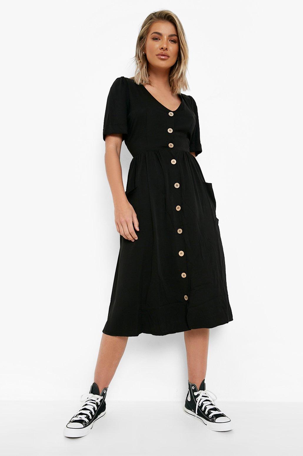 Button Front Pocket Detail Midi Dress | boohoo USA