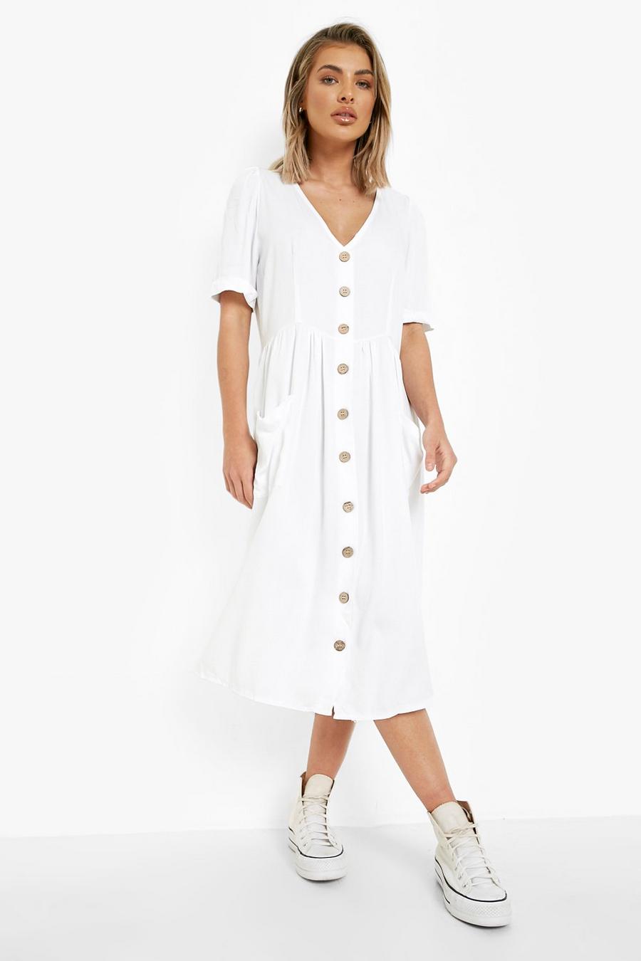 Cream white Button Front Pocket Detail Midi Dress