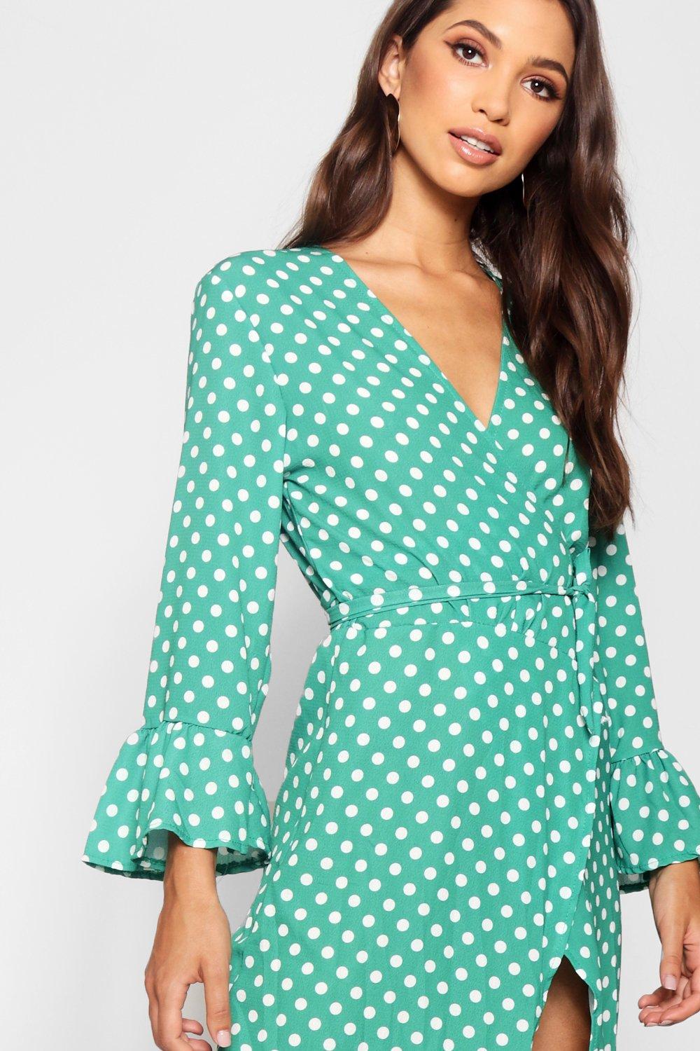 Wrap Front Polka Dot Ruffle Hem Midi Dress