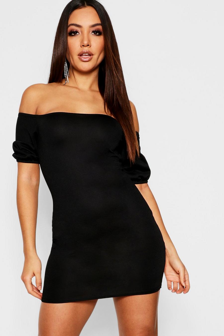 Black Basic Off the Shoulder Puff Sleeve Bodycon Dress image number 1