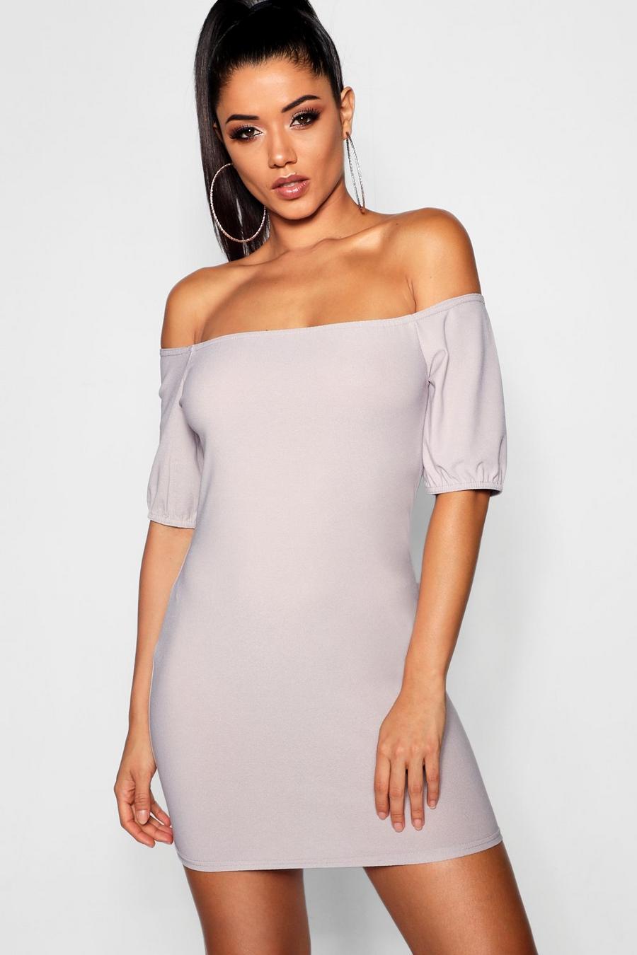 Grey Basic Off the Shoulder Puff Sleeve Bodycon Dress image number 1