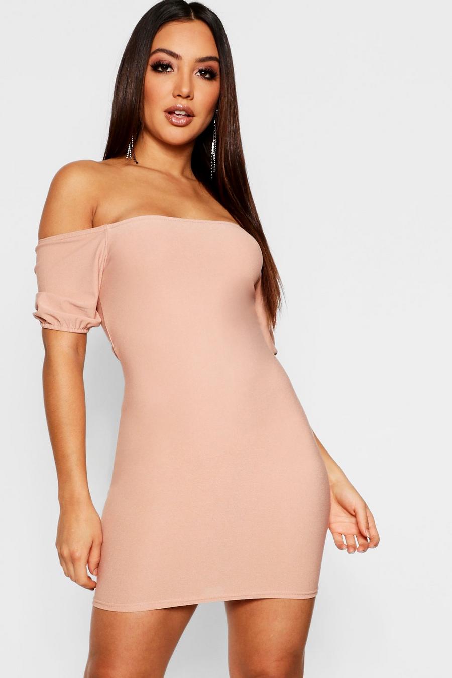 Stone Basic Off the Shoulder Puff Sleeve Bodycon Dress image number 1