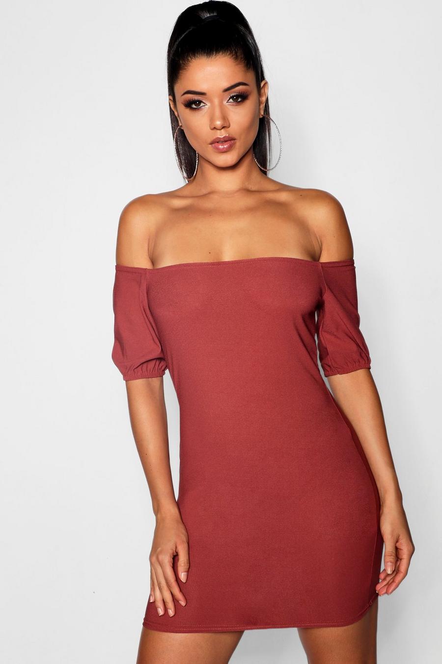 Terracotta Basic Off the Shoulder Puff Sleeve Bodycon Dress image number 1